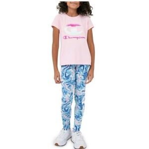Champion Light Pink Tee and Blue Swirl Leggings